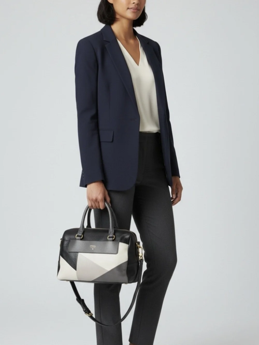 Fossil Amanda Black & Cream Geometric Satchel